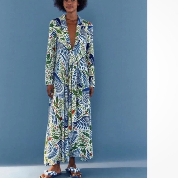 NWT FARM Rio Macaw Flight Maxi Plunging V-neck Long Sleeve Dress S - Picture 1 of 15